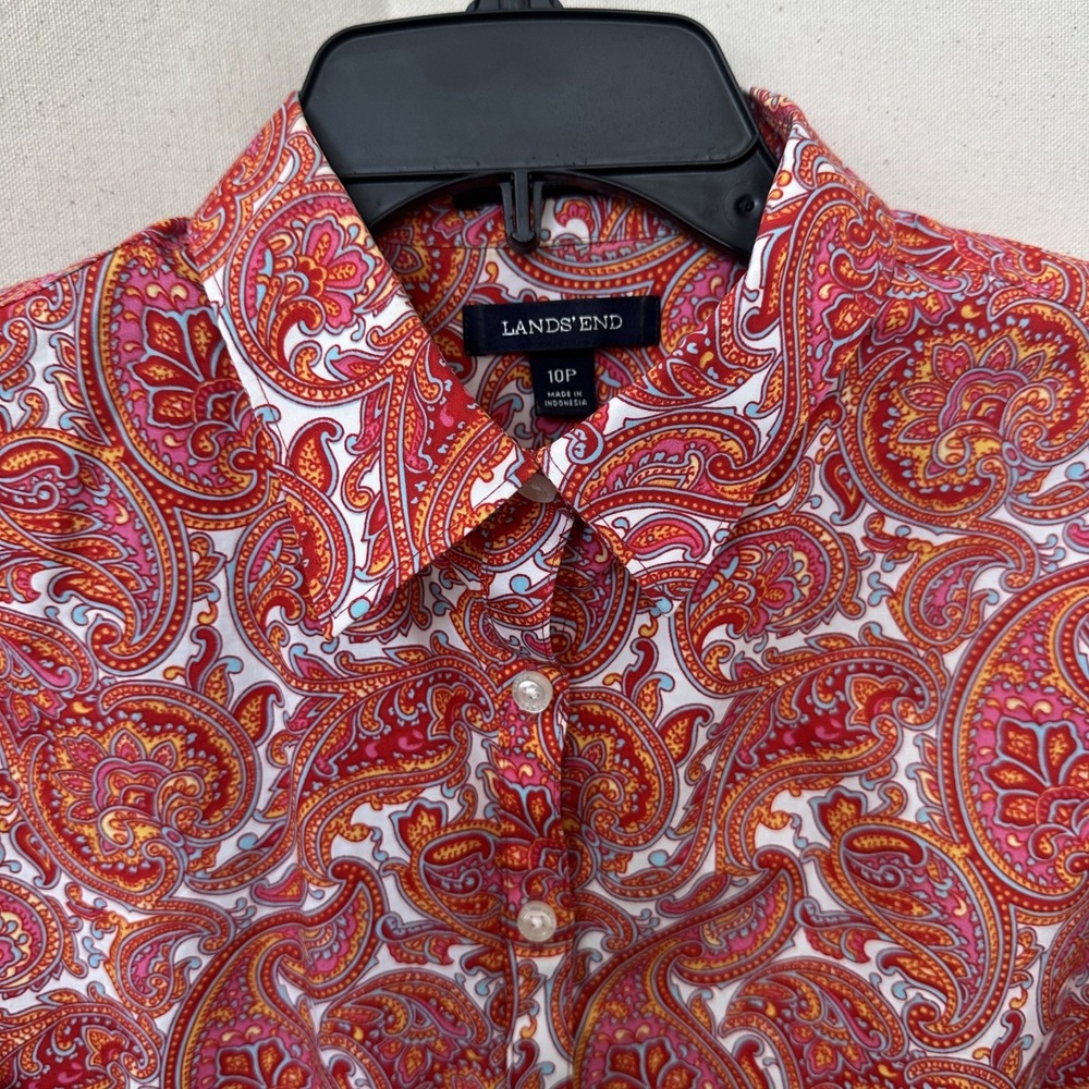 Lands End No Iron Boho Paisley Supima Cotton Button Down Shirt 10P Red Orange - Picture 2 of 10